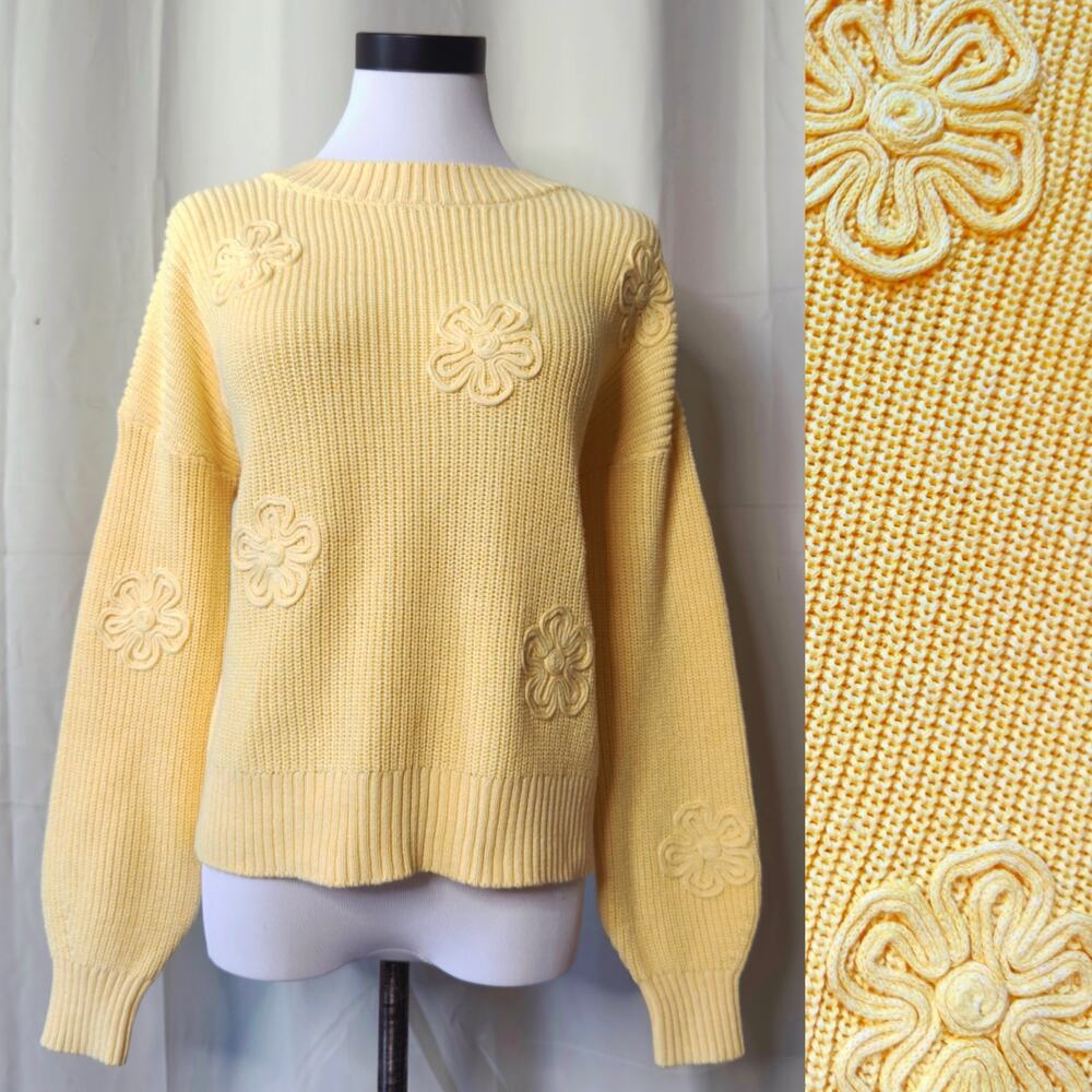 Butter Yellow Laura Ashley Knit Groovy Floral Slouchy Sweater